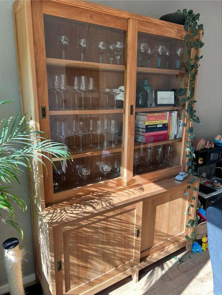 Teak Buffetkast met Glasdeuren, Huis en Inrichting, Kasten | Buffetkasten, Gebruikt, 150 tot 200 cm, 100 tot 150 cm, 25 tot 50 cm