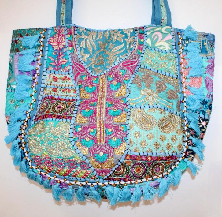 Bohemian hippie chic tote bag strandtas handtas TURQUOISE, Sieraden, Tassen en Uiterlijk, Tassen | Damestassen, Nieuw, Shopper