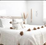Handgemaakte pompon deken – wit/camel 150x100cm 100% katoen, Overige maten, Wit, Nieuw, Ophalen of Verzenden