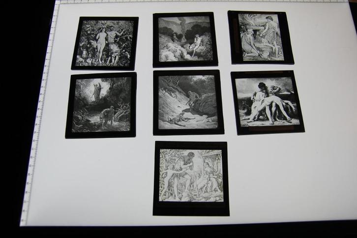 7 bijbelse glasdia's Adam en Eva, Abel en Kain, Verzamelen, Foto's en Prenten, Gebruikt, Overige onderwerpen, Voor 1940, Ophalen of Verzenden