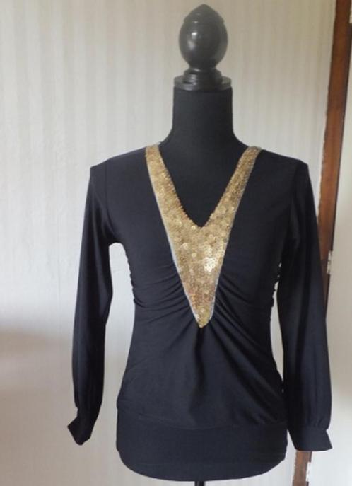 Prachtige zwarte top met goudkleurige pailletten, heel apart, Kleding | Dames, Tops, Zo goed als nieuw, Maat 36 (S), Zwart, Lange mouw