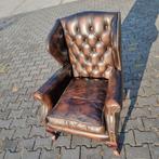 Oud Engelse Chesterfield fauteuil bruin leer + BEZORGD, Ophalen of Verzenden