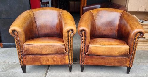 2x Chesterfield schapenleren fauteuil leer + GRATIS BEZORGD, Huis en Inrichting, Fauteuils, Gebruikt, Leer, 75 tot 100 cm, 75 tot 100 cm