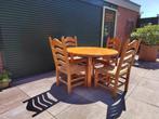 Ronde grenen eettafel en 4 eiken stoelen met biezen zitting!, Ophalen, Gebruikt, Rond, Eikenhout