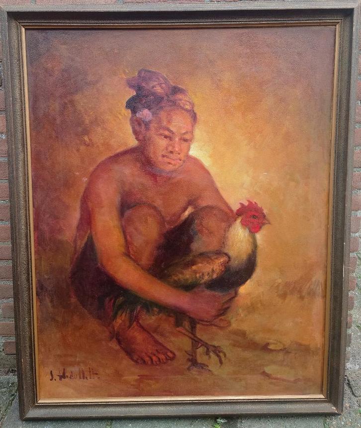 Sudjono ABDULLAH (1911-1991) Boer met kip ~1950 olieverf, Antiek en Kunst, Kunst | Schilderijen | Klassiek, Ophalen of Verzenden