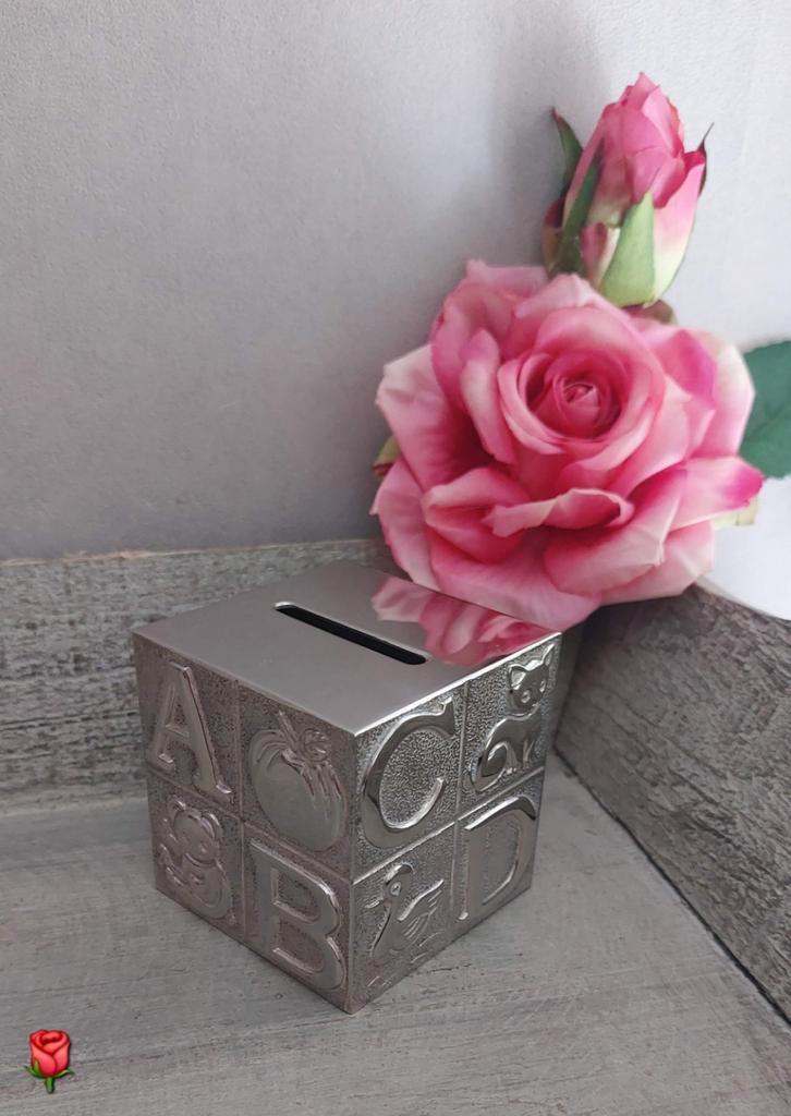 Vintage ABC kubus spaarpot verzilverd, Verzamelen, Spaarpotten, Zo goed als nieuw, Dier, Overige materialen, Ophalen of Verzenden