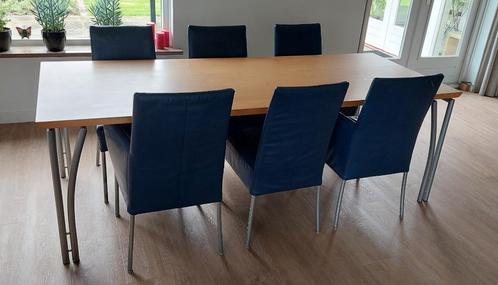 eettafel met 6 leren stoelen, Huis en Inrichting, Tafels | Eettafels, Gebruikt, 50 tot 100 cm, 200 cm of meer, Vijf personen of meer