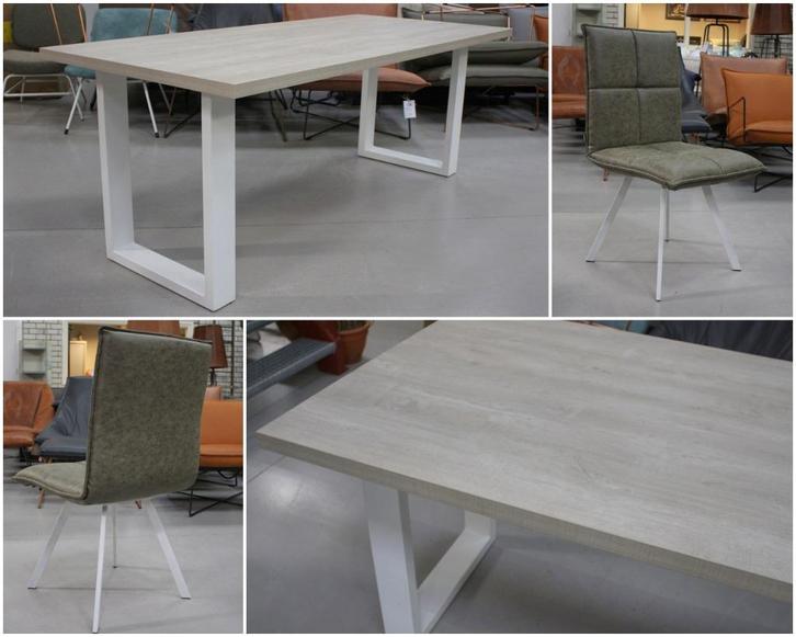 Leuke eettafel + 4 eetkamerstoelen naturel wit groen, Huis en Inrichting, Stoelen, Zo goed als nieuw, Vier, Hout, Leer, Metaal