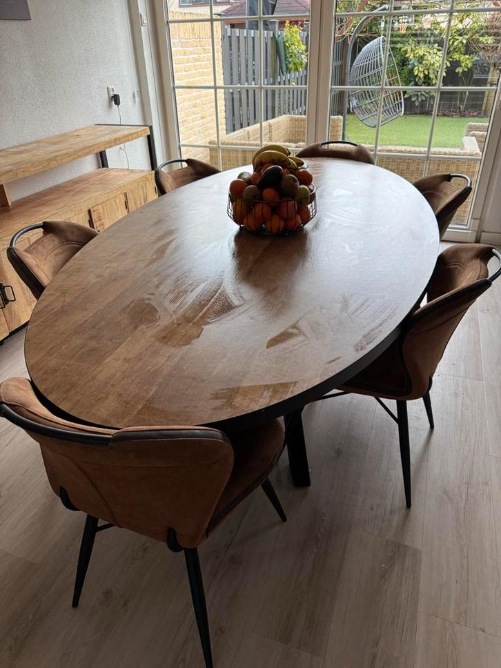Industriële Mahonie Eettafel + 6 Stoelen, Huis en Inrichting, Tafels | Eettafels, Gebruikt, 100 tot 150 cm, 200 cm of meer, Vijf personen of meer