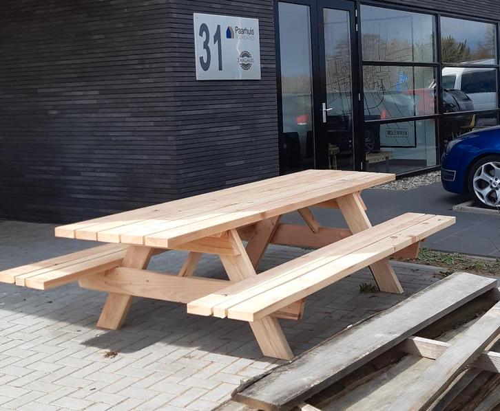 Picknicktafel  415.-  Handgemaakt, Tuin en Terras, Picknicktafels, Nieuw, Rechthoekig, Hout, Ophalen of Verzenden