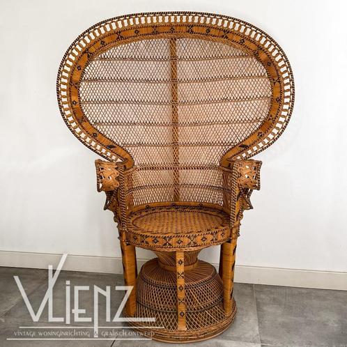 Vintage, rotan, Ibiza, Emmanuelle stoel, Pauwenstoel, Huis en Inrichting, Stoelen, Gebruikt, Eén, Riet of Rotan, Bruin, Ophalen