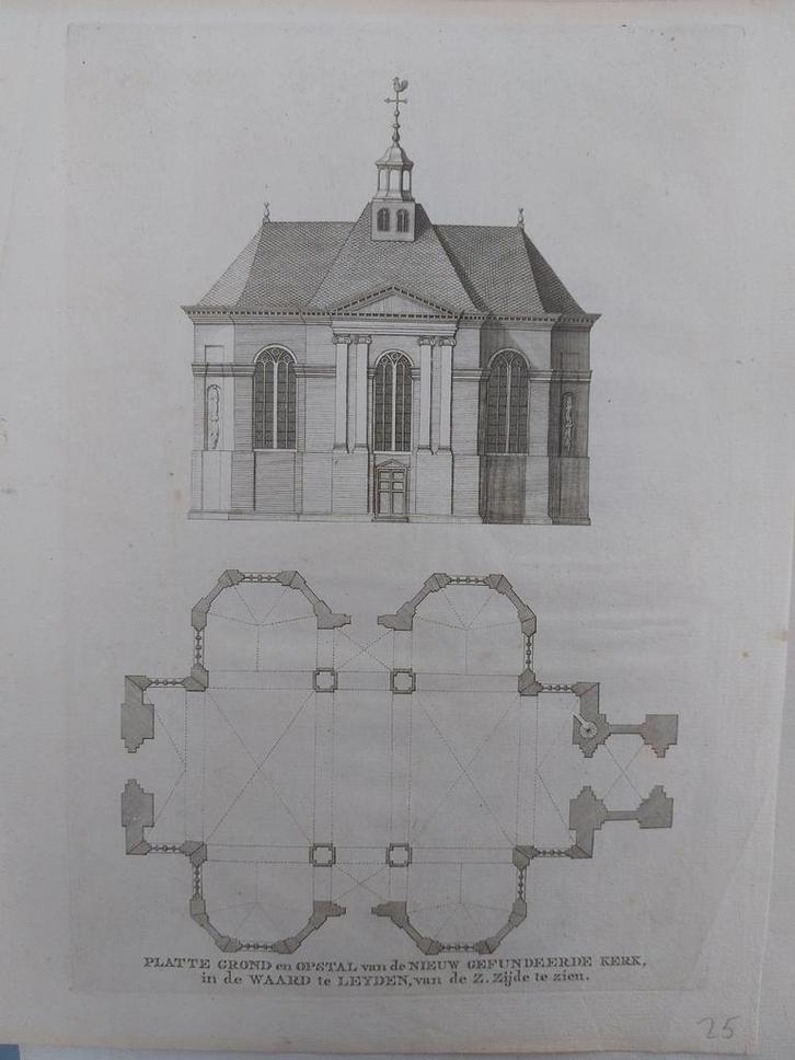 15 / Gefundeerde Kerk in de Waard Leiden - Leyden, Antiek en Kunst, Kunst | Etsen en Gravures, Ophalen of Verzenden