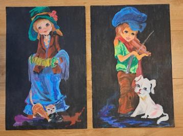 2 wasco krijt tekeningen jongen meisje seventees jaren 70  beschikbaar voor biedingen