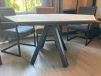 Teakhouten eettafel 6p met stalen onderstel – Pronto Wonen, Huis en Inrichting, Tafels | Eettafels, Ophalen, Teakhout, Zo goed als nieuw
