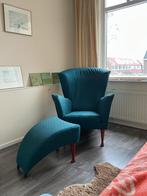 Blauwgroene oorfauteuil met voetenbank, Ophalen, 75 tot 100 cm, Zo goed als nieuw, 75 tot 100 cm