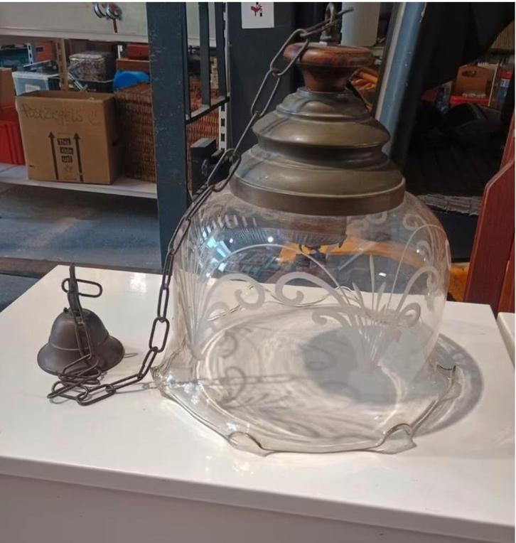 Antieke hanglamp koper met glas, Antiek en Kunst, Antiek | Lampen, Ophalen
