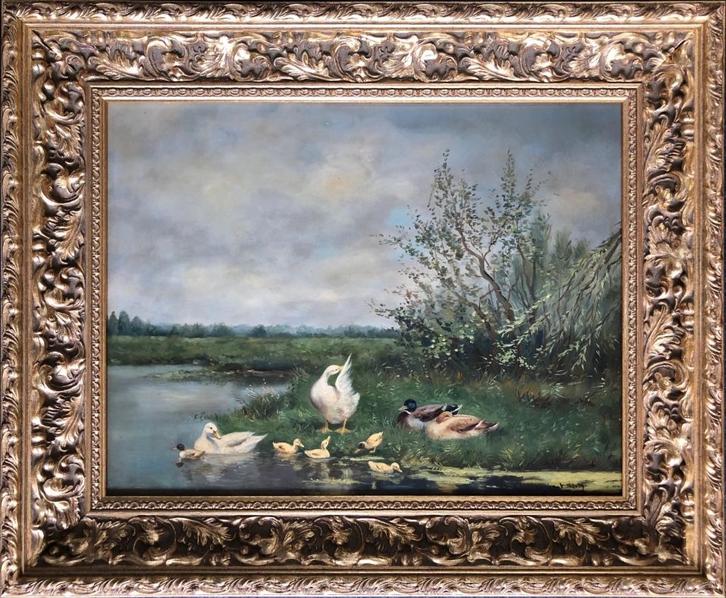 "Eendenfamilie" op fraaie wijze weggezet (Artz stijl), Antiek en Kunst, Kunst | Schilderijen | Klassiek, Ophalen of Verzenden