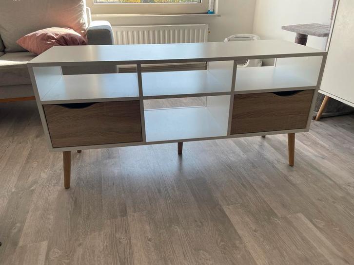 Leen Bakker Delta Salontafel & TV-meubel - Wit/Eiken, Huis en Inrichting, Kasten | Televisiemeubels, Gebruikt, Minder dan 100 cm
