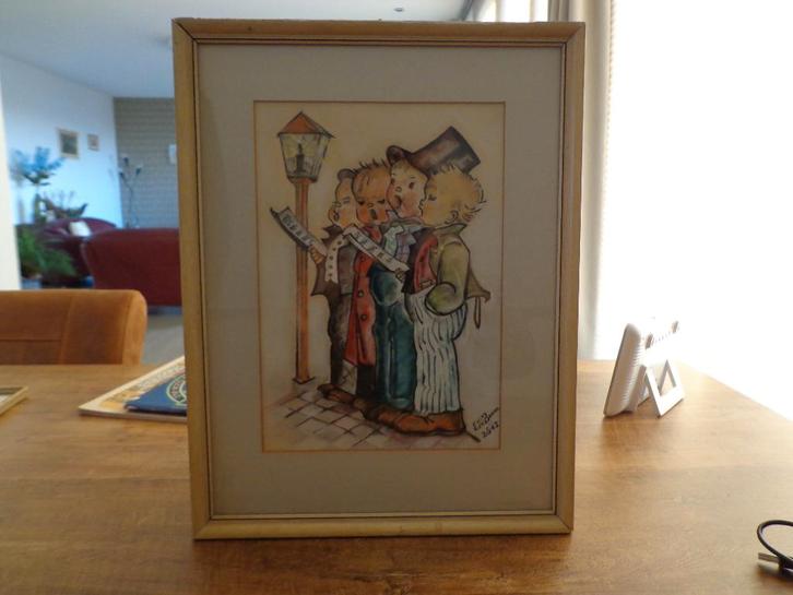 Aquarel Zingende kinderen Kerstliederen van E. v.d. Boom, Diversen, Kerst, Gebruikt, Ophalen of Verzenden