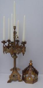 Antieke verguld Neogotische kerk kandelaar - Turris Davidica, Ophalen of Verzenden, Koper of Brons