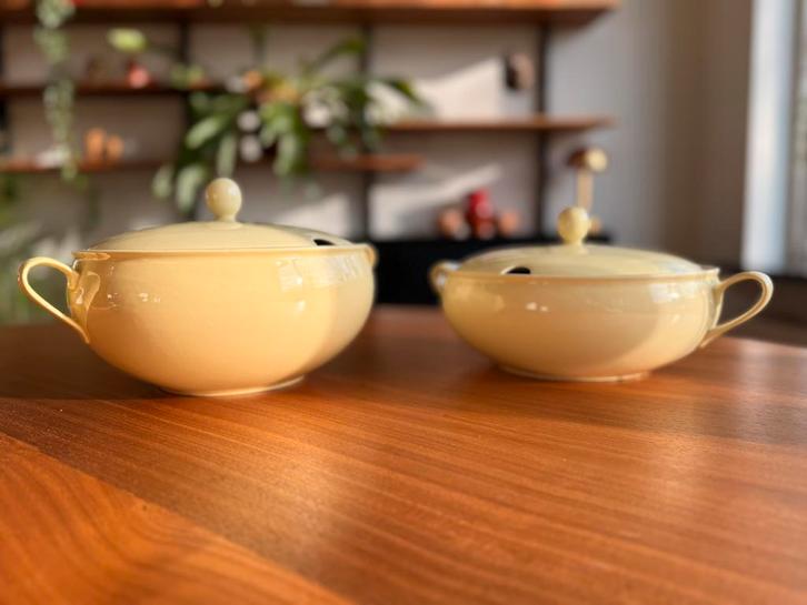 2 Dekschalen Petrus Regout Maastricht, pastelgeel, Huis en Inrichting, Keuken | Servies, Zo goed als nieuw, Schaal of Schalen