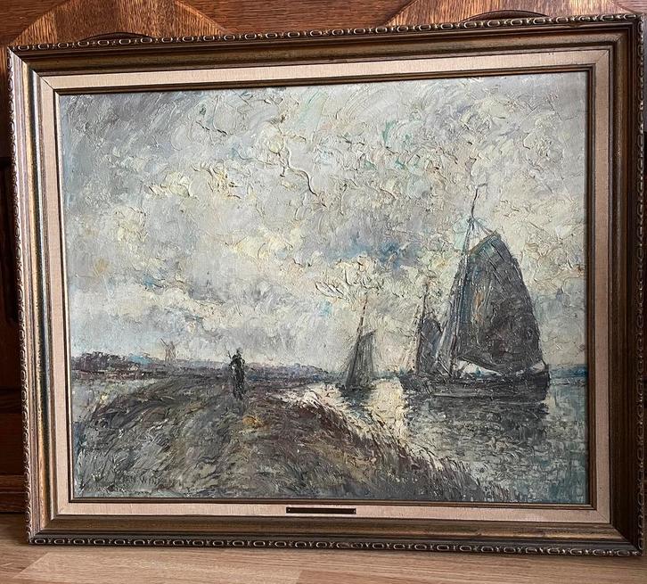 Jan Wingen, schilderij, platbodem, vissers, gesigneerd, Antiek en Kunst, Kunst | Schilderijen | Klassiek, Ophalen