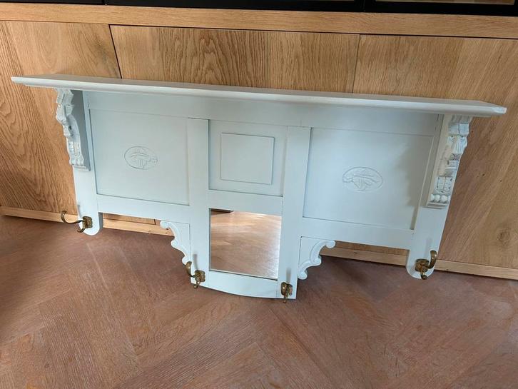 Antieke eiken kapstok met spiegel en leeuwenkoppen., Antiek en Kunst, Antiek | Woonaccessoires, Ophalen