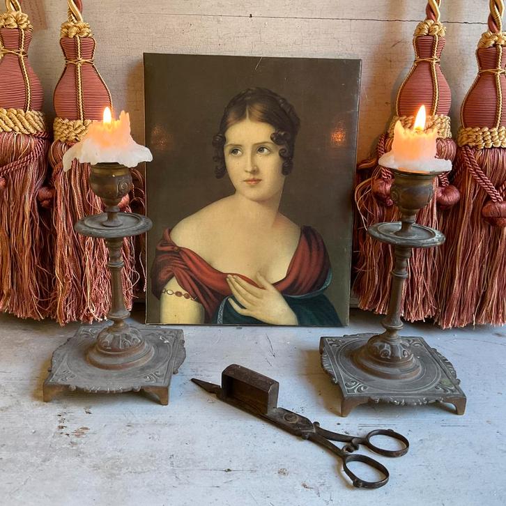 Kandelaars, kaarsdover, embrasses, prent *tres jolie Duiven*, Antiek en Kunst, Antiek | Woonaccessoires, Verzenden