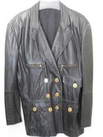 Vintage jas zwart leer met goudkleurige knopen en ritsen XL, Gedragen, Jasje, Ophalen of Verzenden, Maat 46/48 (XL) of groter