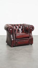 rode rundleren chesterfield clubfauteuil in Engelse stijl, Huis en Inrichting, Fauteuils, Ophalen, ., 75 tot 100 cm, .