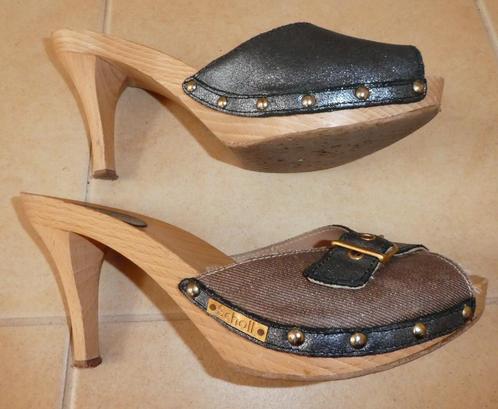 Scholl kleppertjes clogs maat 37 blauw metallic bruin canvas, Kleding | Dames, Schoenen, Zo goed als nieuw, Sandalen of Muiltjes