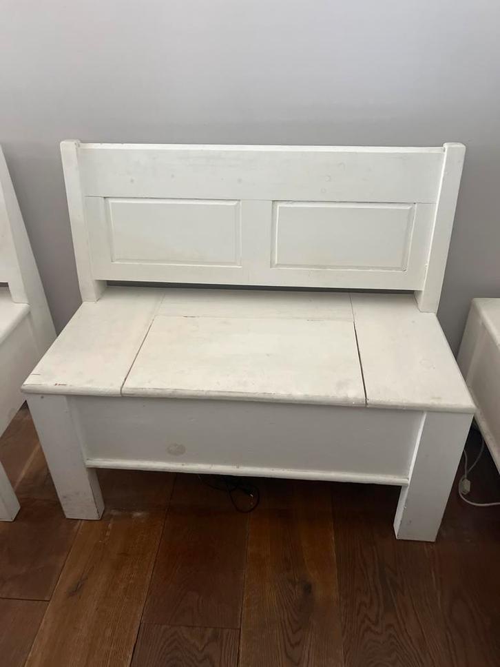 2 Brocante Houten Banken met Klep, los of als set, Huis en Inrichting, Tafels | Eettafels, Gebruikt, Minder dan 50 cm, Rechthoekig