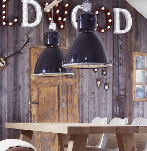 Industriele hanglamp met glasplaat, grote emaille lamp indus, Antiek en Kunst, Curiosa en Brocante, Ophalen