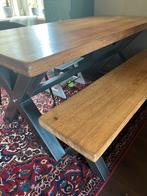 Industriële tafel (en bank) van eikenhout, Huis en Inrichting, Tafels | Eettafels, Ophalen, Gebruikt, Eikenhout, Vijf personen of meer