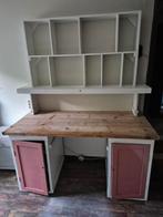 Oud eiken bureau met steigerplanken en opzetkast wit, Ophalen, Gebruikt, Bureau