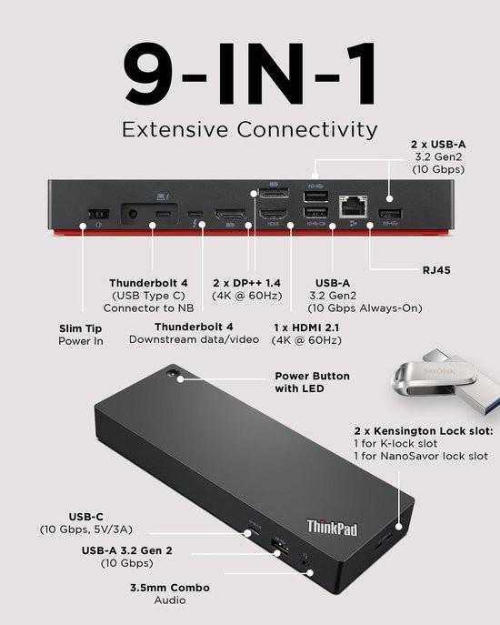 Thinkpad Thunderbolt 4 Docking Station, Computers en Software, Dockingstations, Zo goed als nieuw, Docking station, Laptop, Tablet