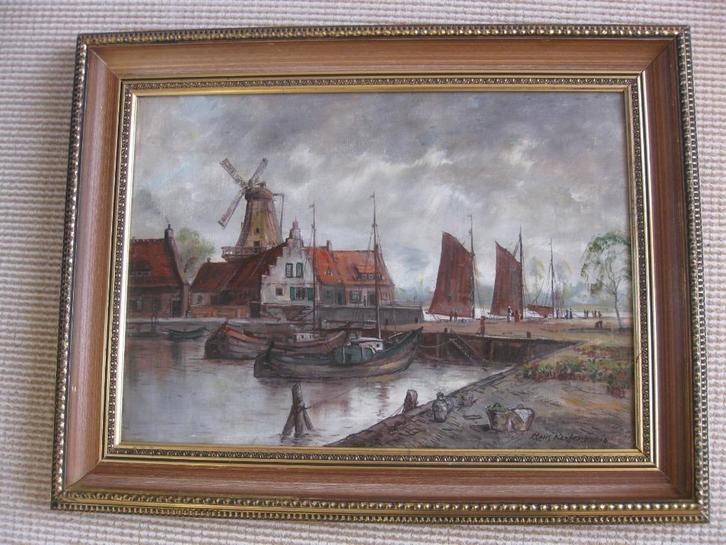 Hans Reifferscheid, "Afgemeerde boten aan een kade"., Antiek en Kunst, Kunst | Schilderijen | Klassiek, Ophalen