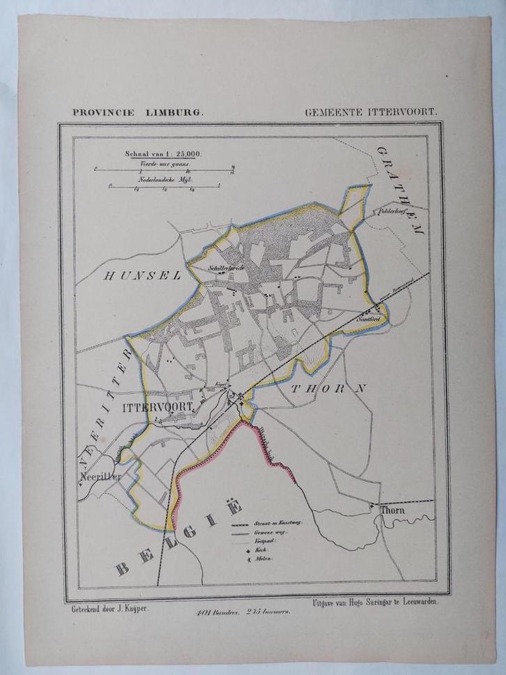 27 / Gemeente Ittervoort Limburg Litho uit 1866 J. Kuyper, Antiek en Kunst, Kunst | Litho's en Zeefdrukken, Ophalen of Verzenden