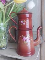 Antiek emaille cafetiere bruin met dik opgelegde rozen, Ophalen of Verzenden