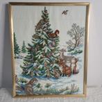Geborduurd schilderij met kerstboom winterland dieren 25x30, Ophalen of Verzenden, Zo goed als nieuw