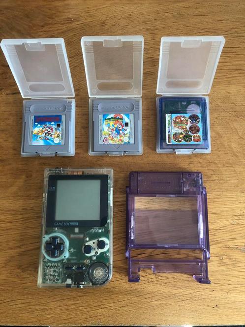 Game boy pocket transparant + 3 games en magnifier, Spelcomputers en Games, Spelcomputers | Nintendo Game Boy, Gebruikt, Game Boy Pocket