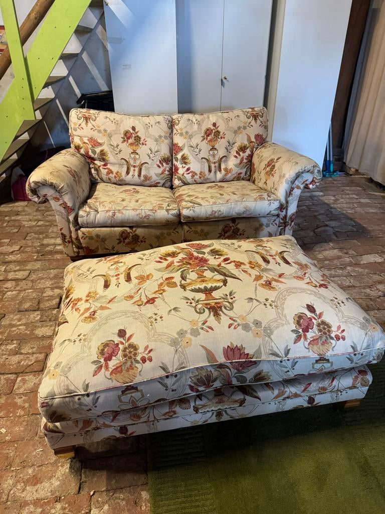 Duresta 2 Zits bank linnen bloem motief met poef, Ophalen, Gebruikt, 125 cm of meer, Stof