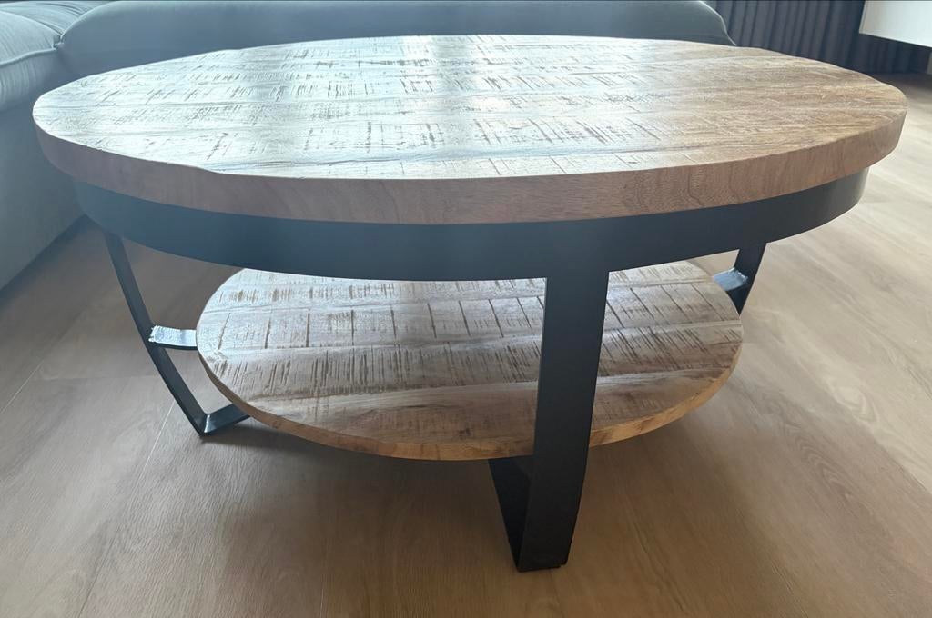 Ronde salontafel van mangohout met metalen onderstel, Huis en Inrichting, Tafels | Salontafels, Ophalen, Gebruikt, Rond, 50 tot 100 cm