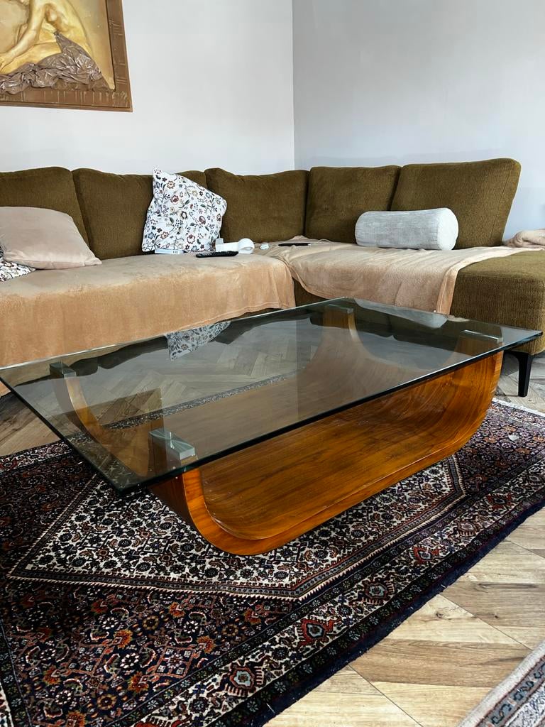 Frans Bijnen Mondial salontafel glans eikenhout met glas, Ophalen, Gebruikt, 100 tot 150 cm, Eikenhout