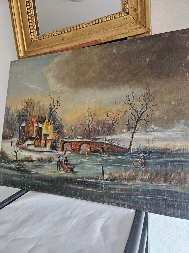 Paneel te koop - wintertafereel, Antiek en Kunst, Kunst | Schilderijen | Klassiek, Verzenden
