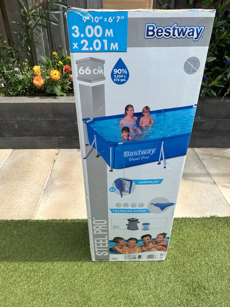 Opzetzwembad Bestway Steel Pro300x201x66 cm en filter, trap, Ophalen, Nieuw, Opzetzwembad, Rechthoekig