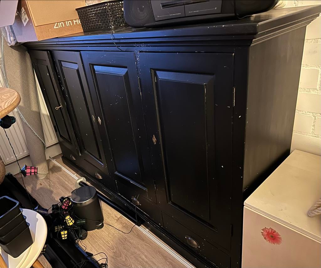 Zwarte wand kast met deuren en lades, Ophalen, Gebruikt, 200 cm of meer, Met lade(s)