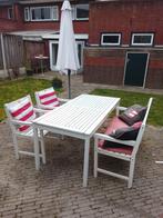 Tuinset met bank, stoelen, kussens, parasol en voet, Ophalen, 4 zitplaatsen, Gebruikt, Bank