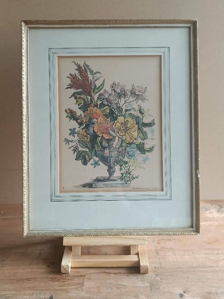 Gravure vaas met bouquet Francois de Poillly, Ophalen of Verzenden, Flora en Fauna, Gravure, Handgekleurd