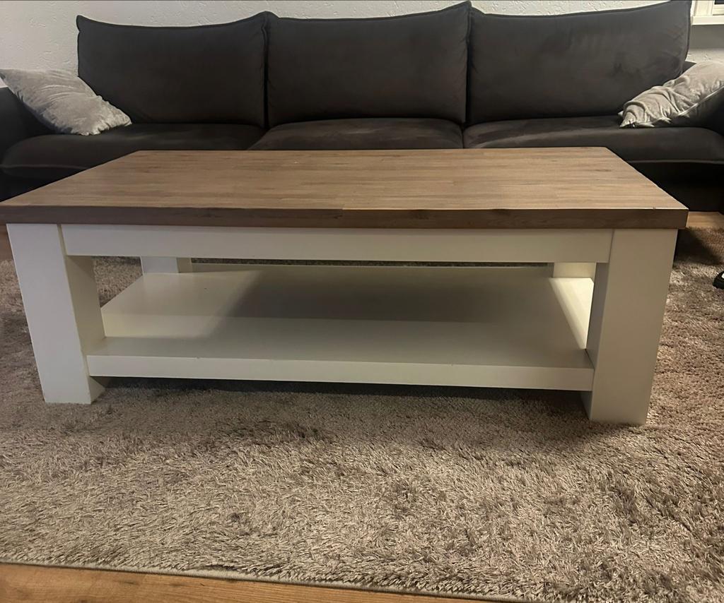 Salontafel met houten blad en wit onderstel, Huis en Inrichting, Tafels | Salontafels, Ophalen, 100 tot 150 cm, 50 tot 100 cm